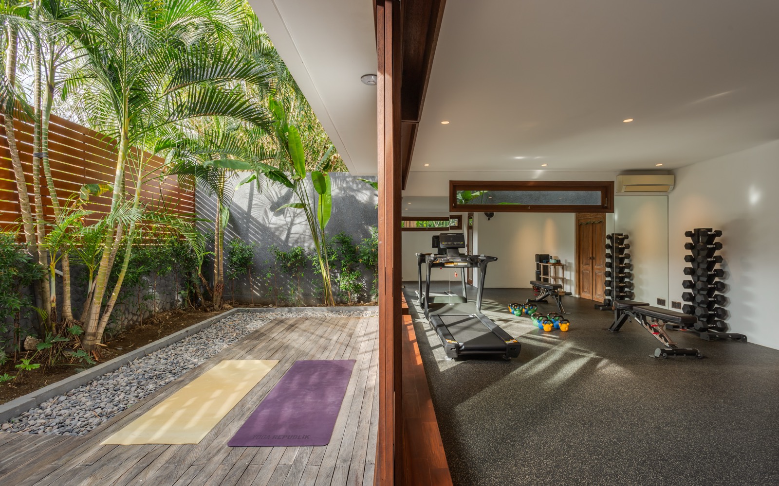 Gym — sliding doors open to garden