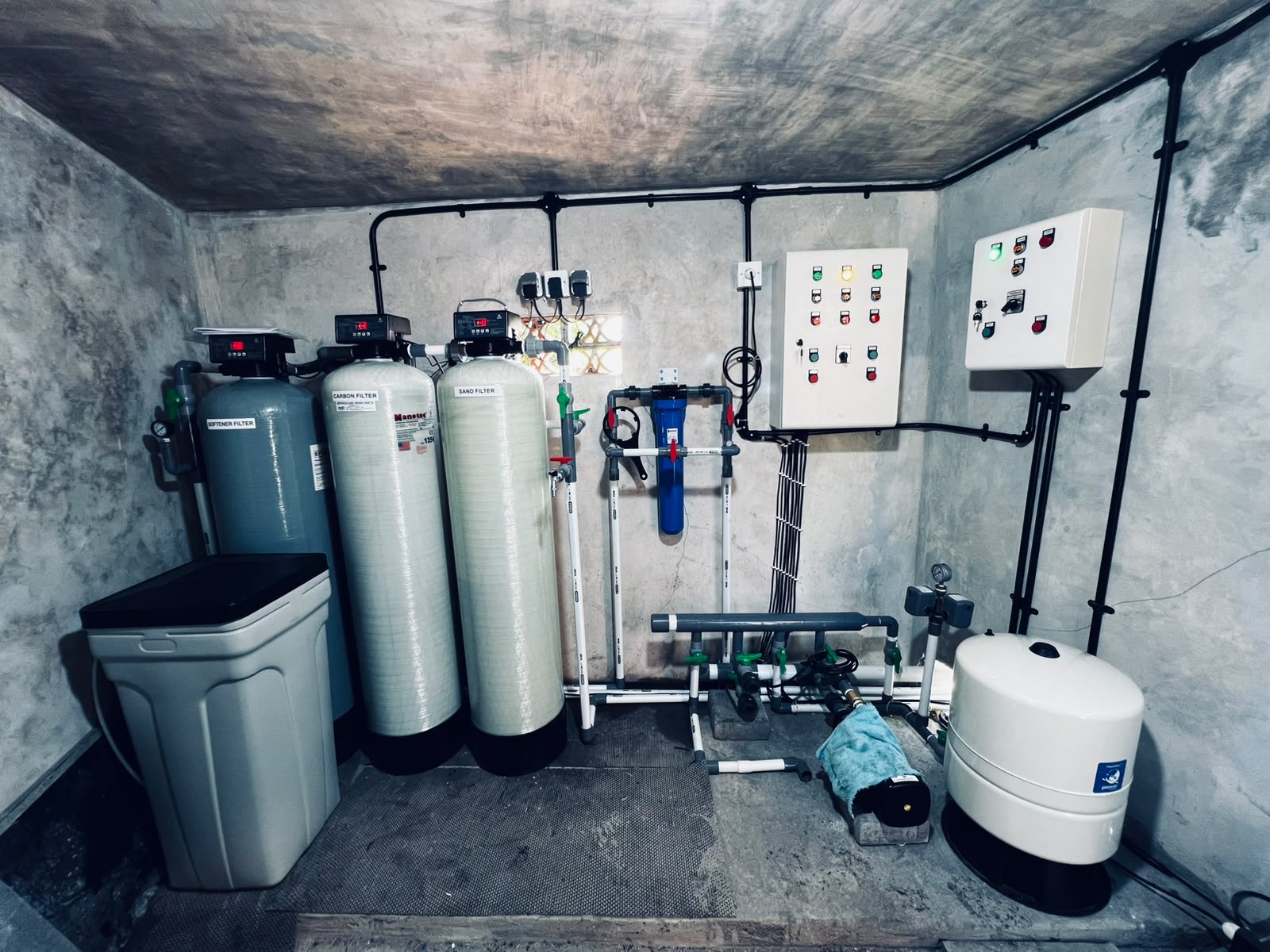 Water-treatment room — filters, pumps and control panels