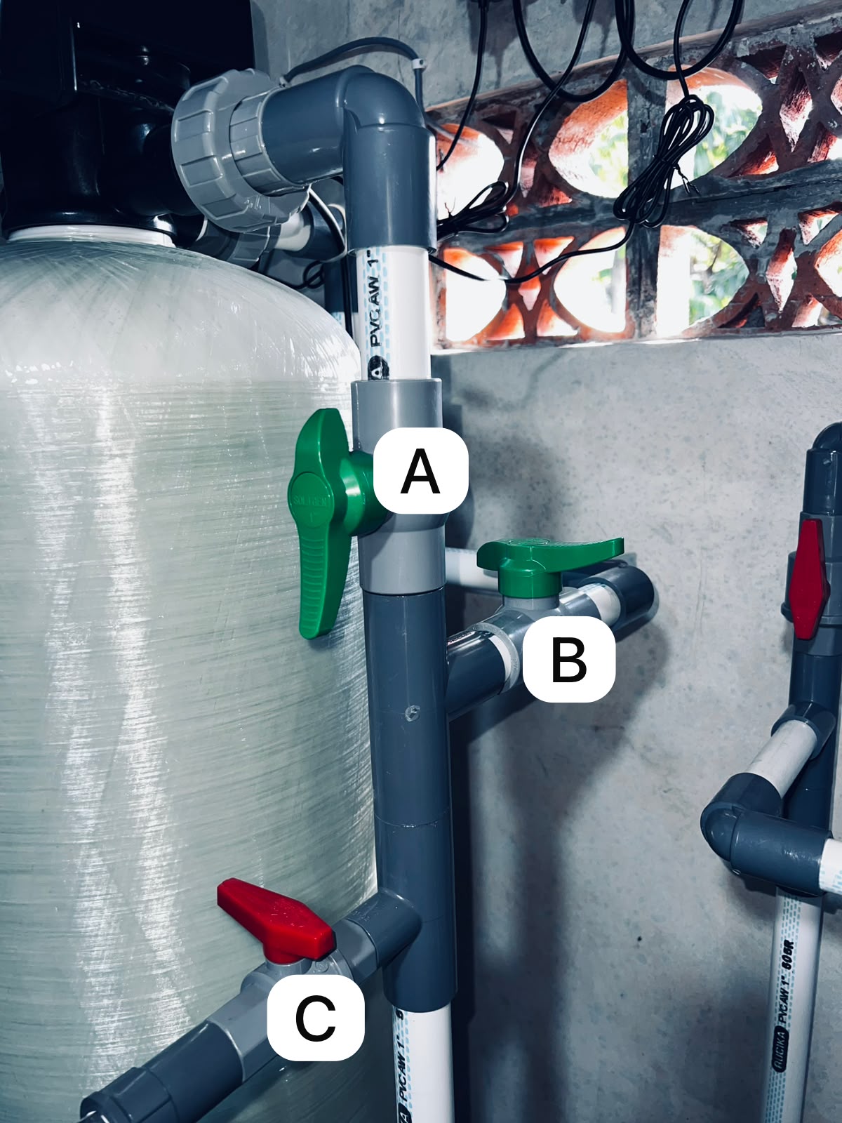 Filter-tank valves A, B, C